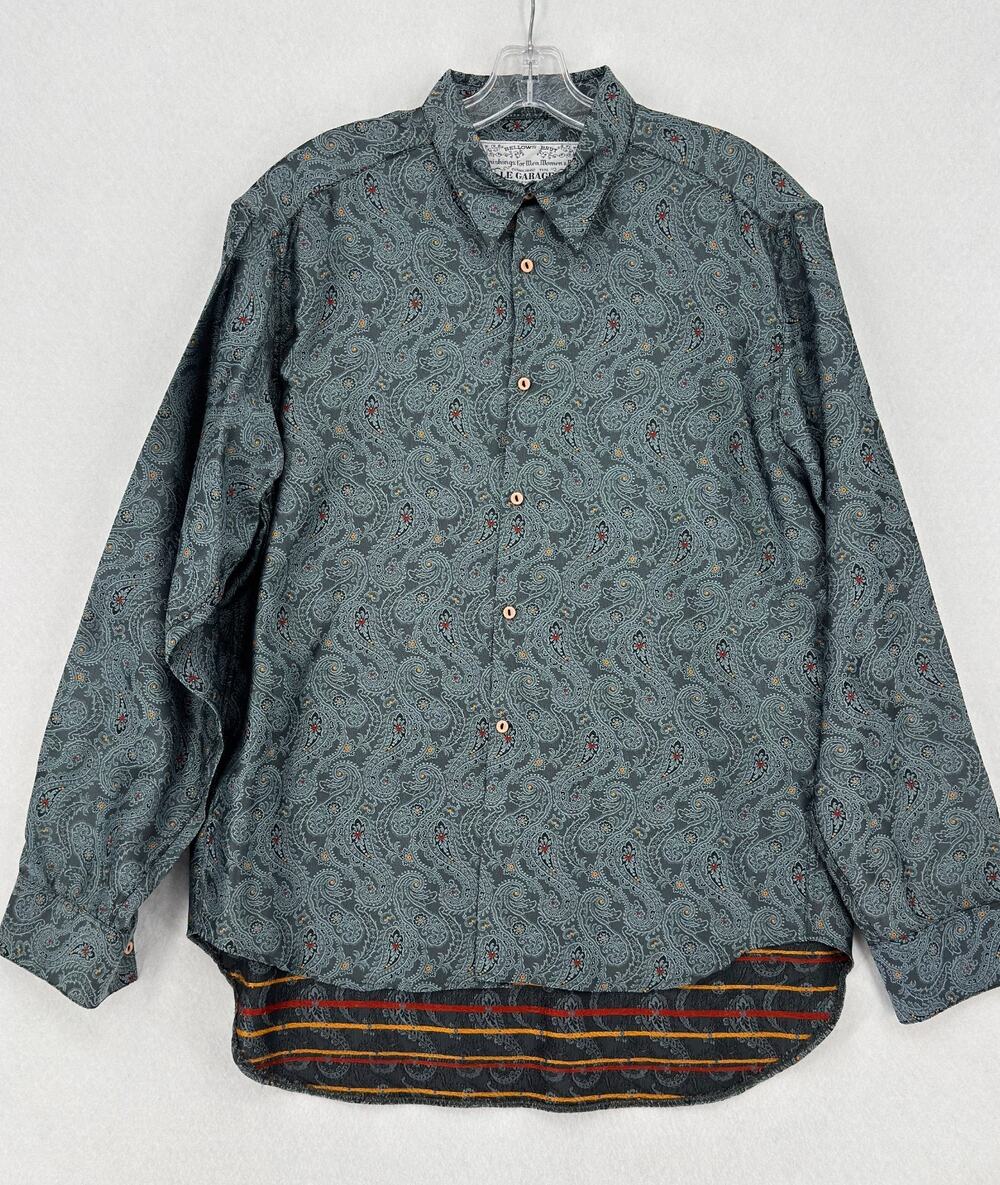 Bellows Brut Le Garage Vintage 90s Mens Green Paisley Button Down Shirt Sz M